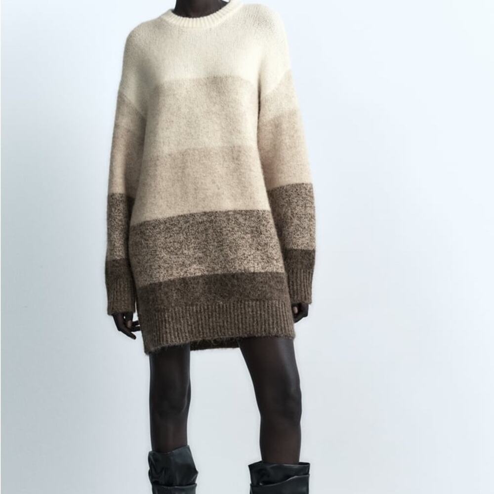 Zara Women's Striped Mini Dress - Cream, Brown, Gray - Picture 5 of 10